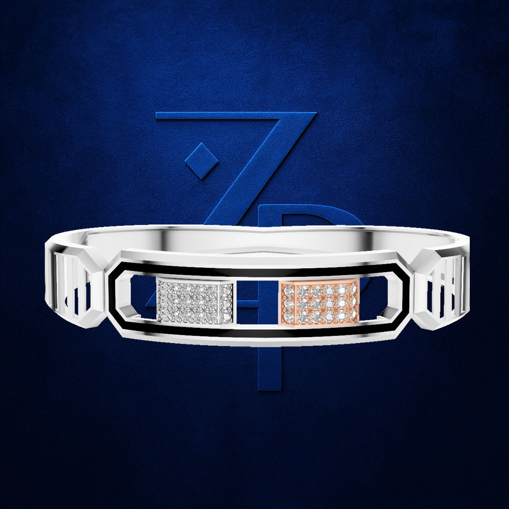 A silver-toned men's band bracelet featuring a central geometric inlay with two rectangular sections: one set with clear pavé stones and the other with rose gold pavé stones, accented by dark blue rectangular inlays. The background is a textured dark blue with a stylized blue 'Z' logo.