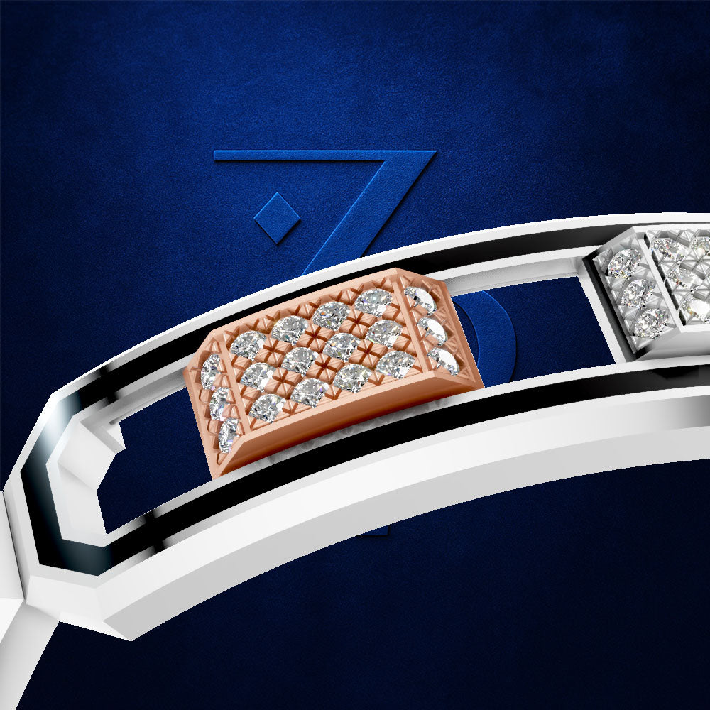 A close-up of a ring featuring a rectangular rose gold inlay set with round clear stones, shown on a white band against a dark blue textured background.