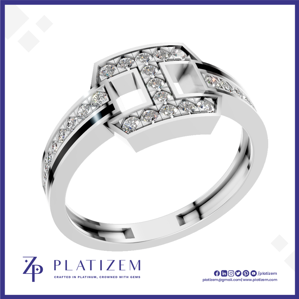 A silver-toned geometric ring with pavé-set clear stones, shown on a white background with the Platizem brand logo at the bottom.