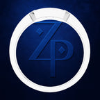 A circular white ring with a dark blue textured center featuring a stylized blue 'ZP' monogram, set against a dark blue background.