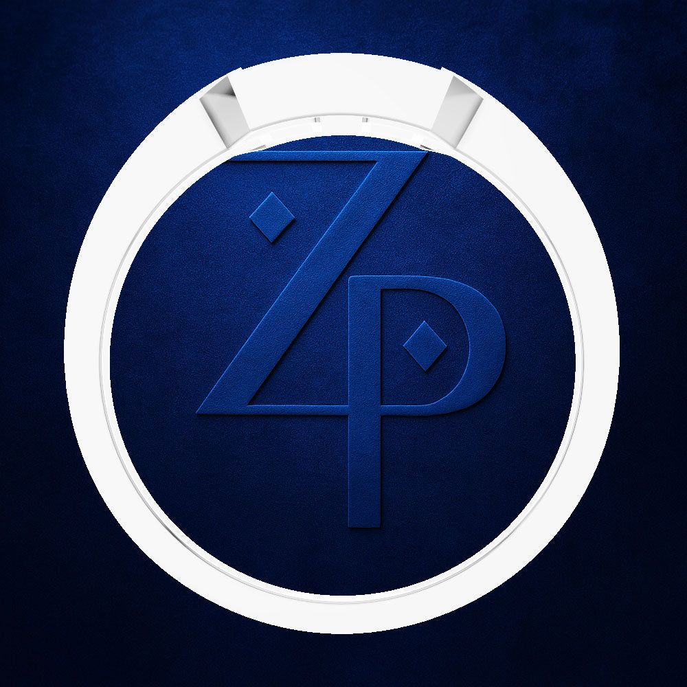 A circular white ring with a dark blue textured center featuring a stylized blue 'ZP' monogram, set against a dark blue background.