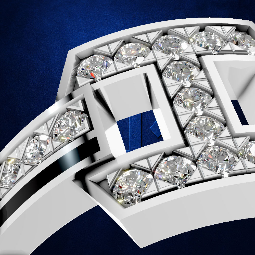 A close-up studio render of a white gold or platinum ring featuring a geometric, stepped pavé design with multiple round brilliant-cut diamonds and a central deep blue inlay.