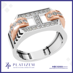 A platinum and rose gold ring designed in the shape of the letter H, embellished with clear cubic zirconia stones. The brand logo 'PLATIZEM' is visible at the bottom of the image.