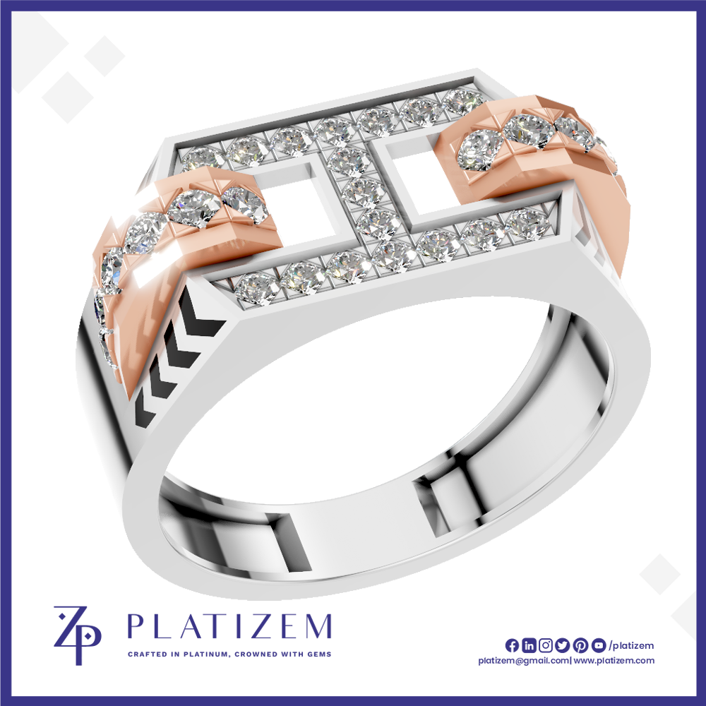 A platinum and rose gold ring designed in the shape of the letter H, embellished with clear cubic zirconia stones. The brand logo 'PLATIZEM' is visible at the bottom of the image.