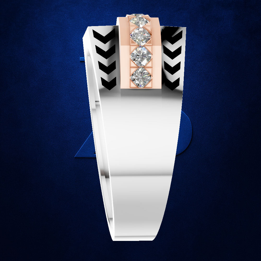 A modern geometric ring featuring a white band, a central rose gold column with three clear gemstones, and black chevron accents on a dark blue textured background.