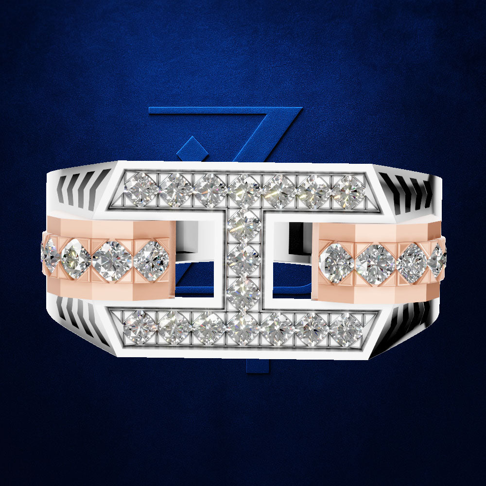 A wide structured ring with a white and rose gold band, heavily set with clear diamonds. The center features a bold geometric design with cutouts showing a blue background, set against a dark blue textured backdrop with a subtle blue '7' logo behind it.