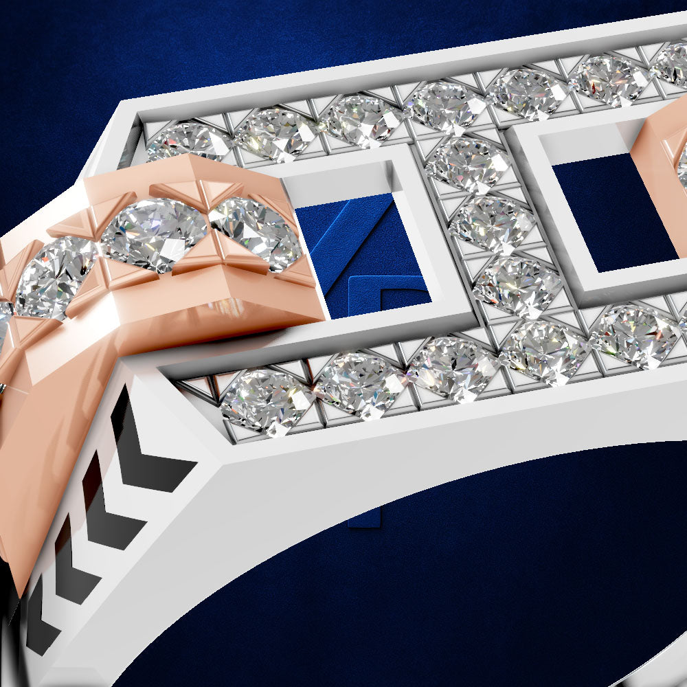 A close-up of a luxury ring featuring a white and rose gold geometric band set with numerous round brilliant-cut diamonds, with a blue inlay visible in the center.