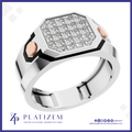 A men's octagonal ring by Platzem, featuring a silver-toned band, a black inlay, rose gold side accents, and a bezel-set diamond face. The brand logo 'PLATIZEM' is visible at the bottom.