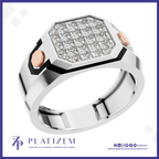 A men's octagonal ring by Platzem, featuring a silver-toned band, a black inlay, rose gold side accents, and a bezel-set diamond face. The brand logo 'PLATIZEM' is visible at the bottom.