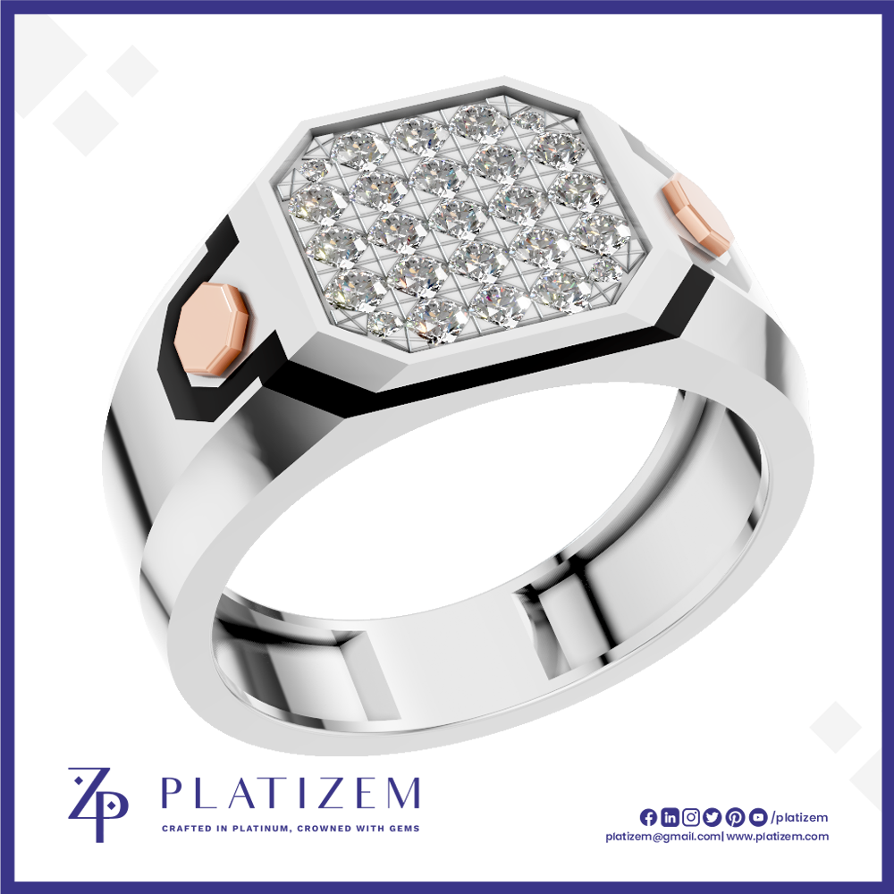 A men's octagonal ring by Platzem, featuring a silver-toned band, a black inlay, rose gold side accents, and a bezel-set diamond face. The brand logo 'PLATIZEM' is visible at the bottom.