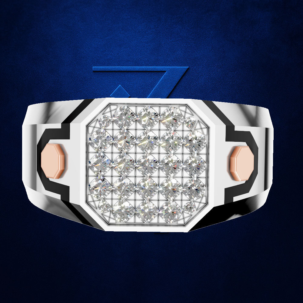 A futuristic octagonal ring featuring a large grid of clear cubic zirconia stones in the center, flanked by two rose gold hexagonal accents on a silver-toned band with black geometric detailing, set against a textured dark blue background.