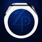 A close-up of a round watch face with a white bezel and a dark blue dial featuring an embossed stylized 'ZP' monogram, shown against a dark blue textured background.