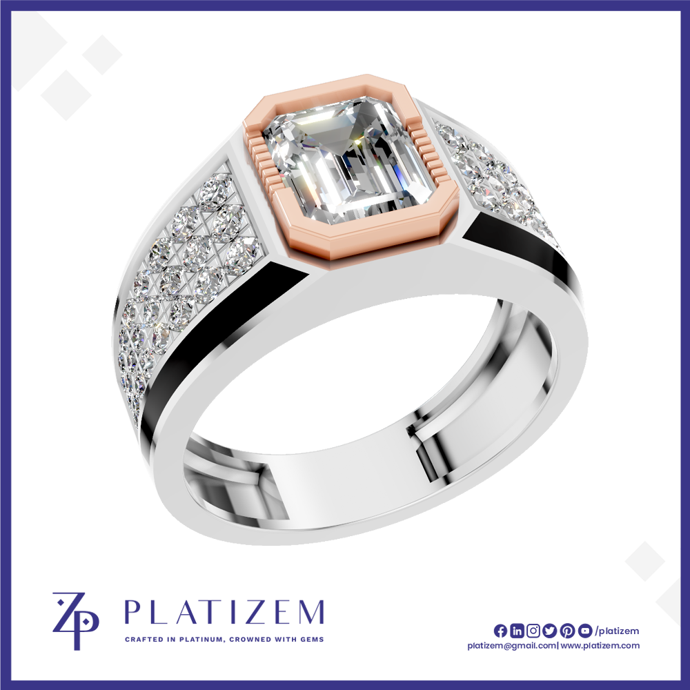 A high-end platinum ring with a large emerald-cut clear center stone, a rose gold octagonal bezel, and pavé-set clear stones on a white band, shown on a white background with the Platinzem brand logo.