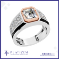 A high-end platinum ring with a large emerald-cut clear center stone, a rose gold octagonal bezel, and pavé-set clear stones on a white band, shown on a white background with the Platinzem brand logo.