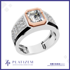 A high-end platinum ring with a large emerald-cut clear center stone, a rose gold octagonal bezel, and pavé-set clear stones on a white band, shown on a white background with the Platinzem brand logo.