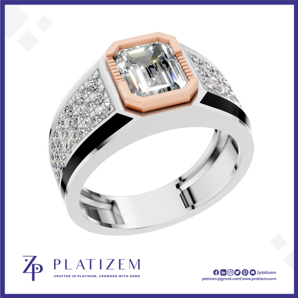 A high-end platinum ring with a large emerald-cut clear center stone, a rose gold octagonal bezel, and pavé-set clear stones on a white band, shown on a white background with the Platinzem brand logo.