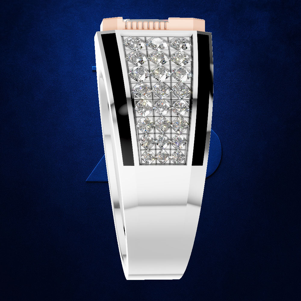 A silver-toned bangle watch with a rectangular face paved with clear crystals, flanked by black inlays and a pink top bezel, set against a dark blue textured background.