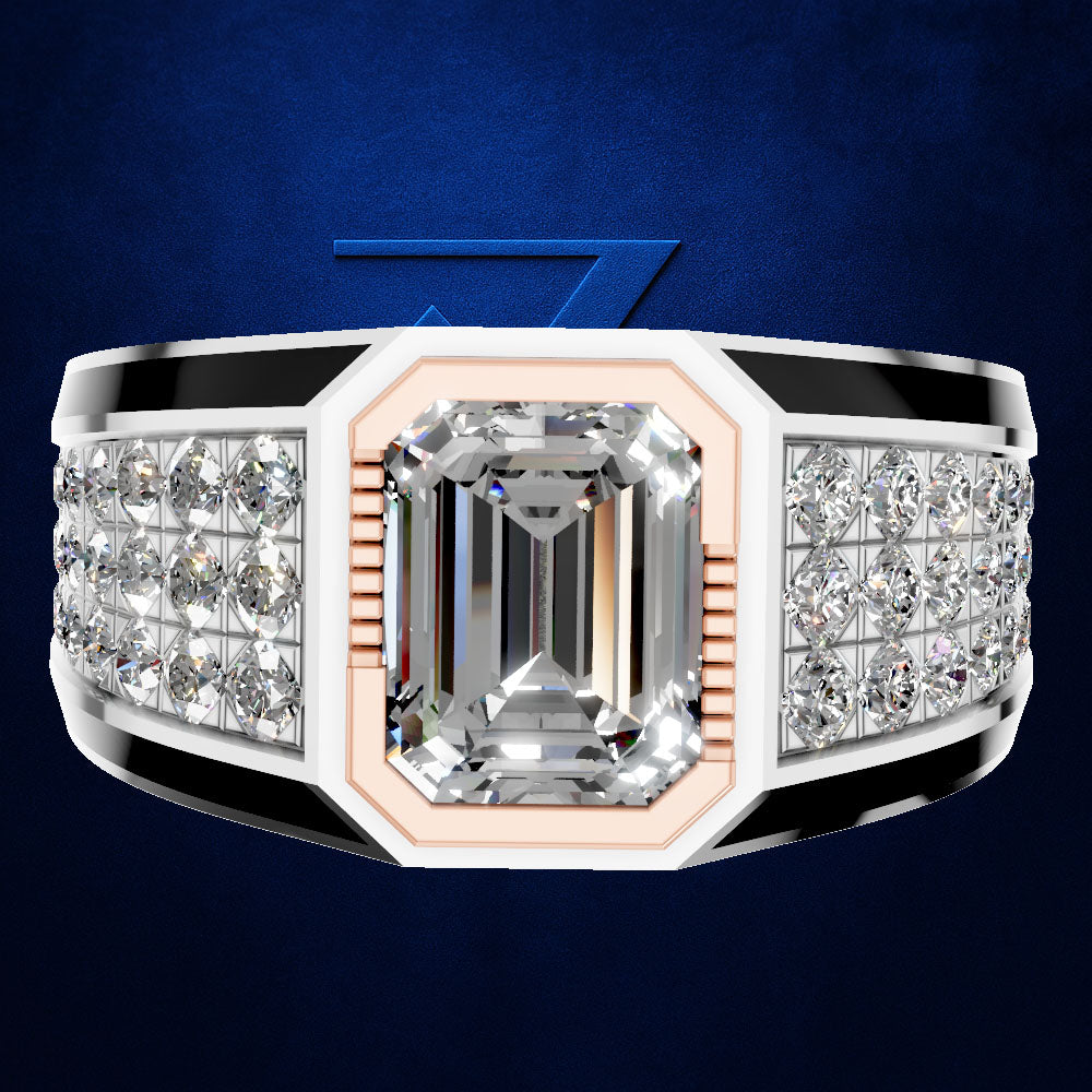 An emerald-cut diamond ring with a silver-toned band, accented by black inlays and rows of small diamonds on the shoulders, set against a dark blue textured background.