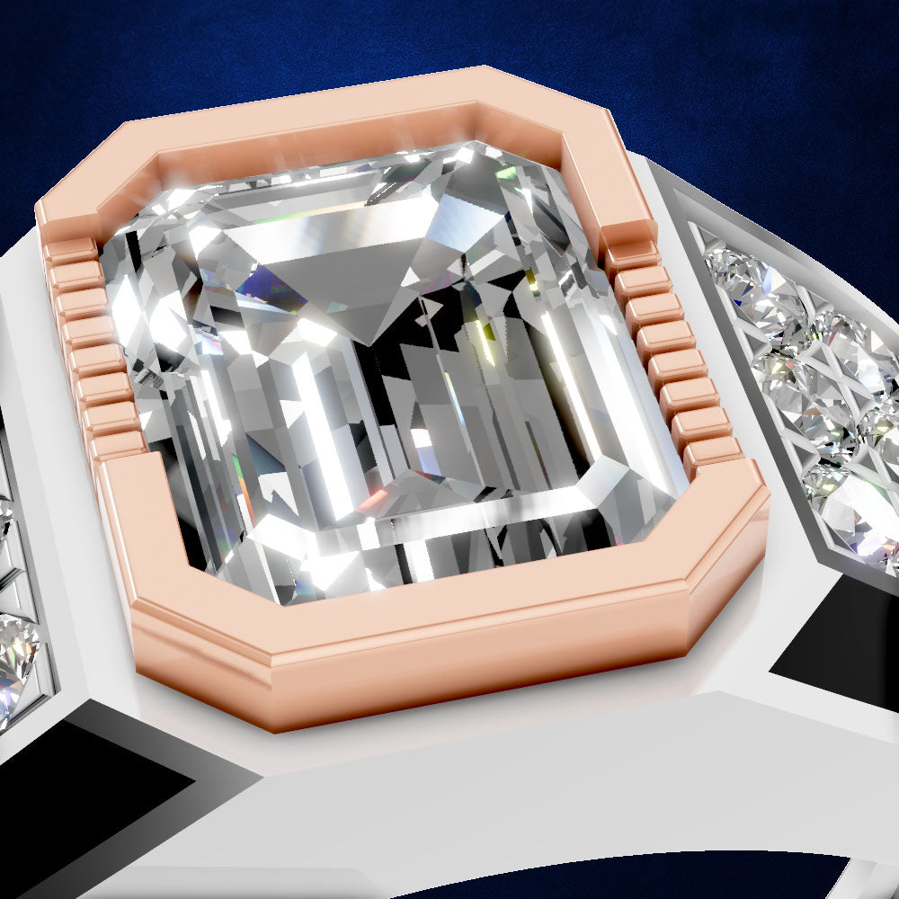 Close-up of a ring featuring a large square clear gemstone in a rose gold bezel setting, with additional clear stones on the band against a dark blue background.