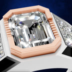 Close-up of a ring featuring a large square clear gemstone in a rose gold bezel setting, with additional clear stones on the band against a dark blue background.