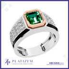 A platinum ring with a large emerald-cut green gemstone, a rose gold octagonal bezel, and diamond-set side panels on a white background with the Platiszem brand logo.