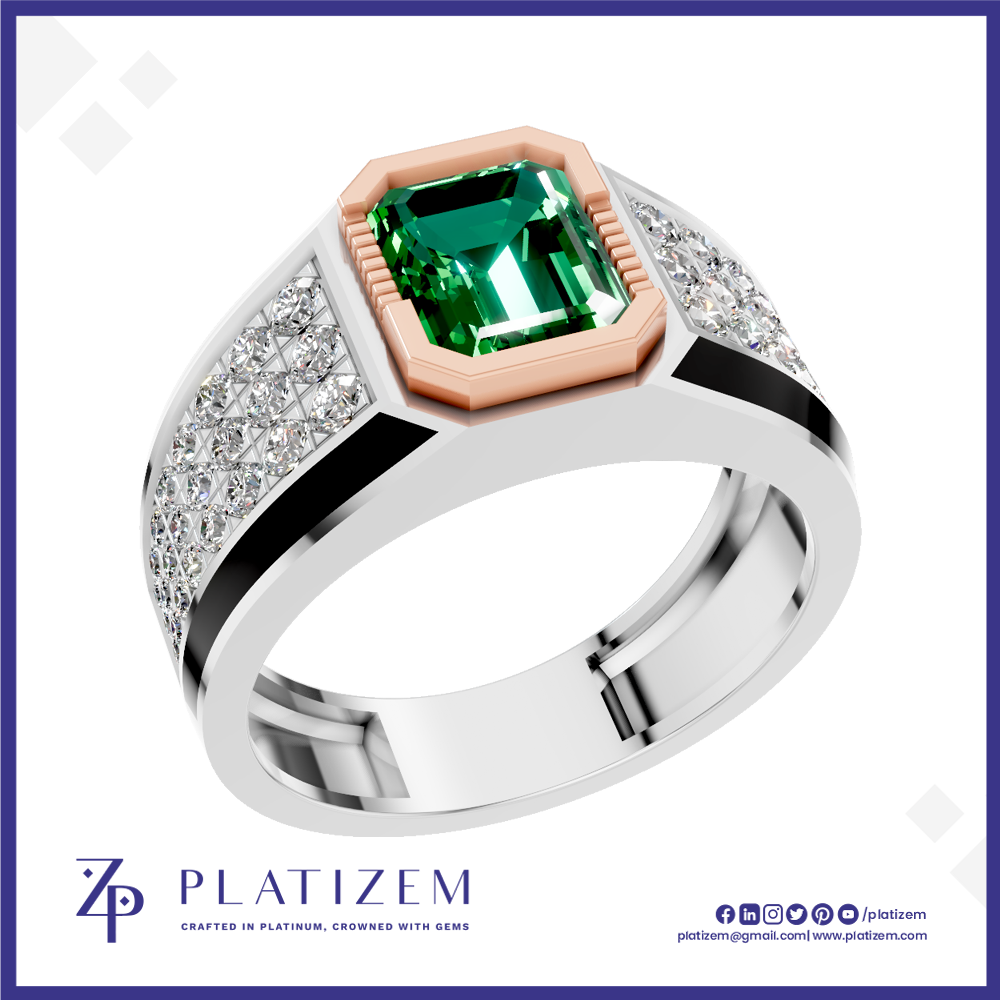 A platinum ring with a large emerald-cut green gemstone, a rose gold octagonal bezel, and diamond-set side panels on a white background with the Platiszem brand logo.