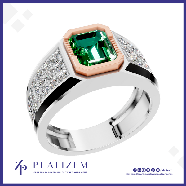 A platinum ring with a large emerald-cut green gemstone, a rose gold octagonal bezel, and diamond-set side panels on a white background with the Platiszem brand logo.