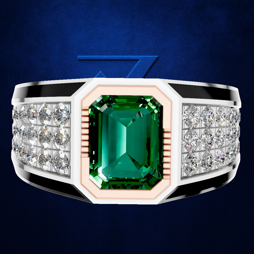 A men's statement ring featuring a large emerald-cut green gemstone in a white and rose gold octagonal setting, flanked by rows of small clear accent stones on a dark blue textured background.