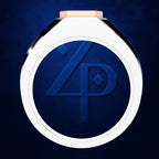 A round cosmetic compact or powder pan with a white outer rim and a deep blue center featuring an embossed stylized '4P' logo, shown on a dark blue textured background.