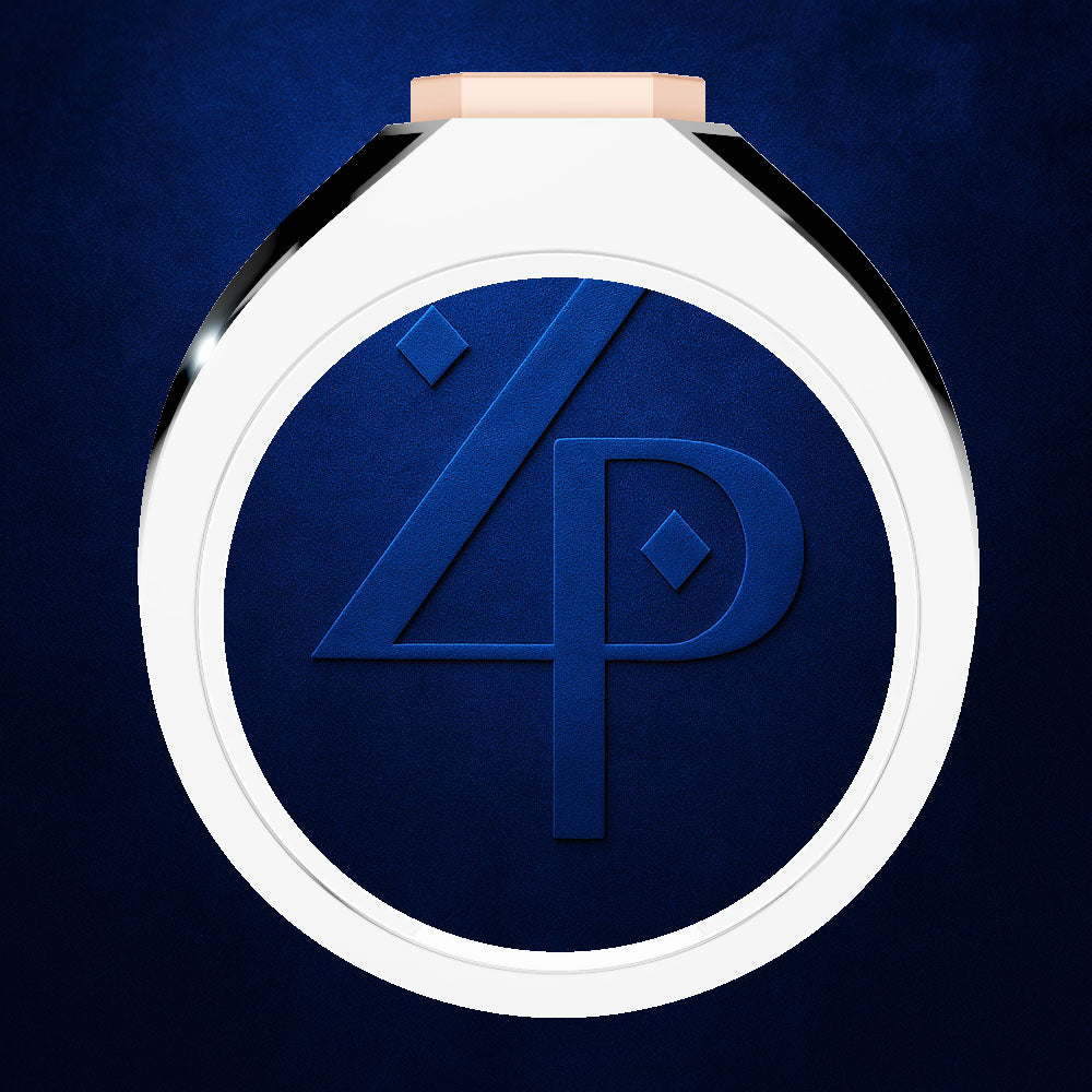 A round cosmetic compact or powder pan with a white outer rim and a deep blue center featuring an embossed stylized '4P' logo, shown on a dark blue textured background.