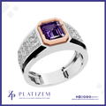 A platinum ring featuring a central emerald-cut purple amethyst gemstone, a rose gold octagonal bezel, and pavé-set clear stones along the shoulders, shown on a white background with the Platiszem brand logo at the bottom.