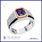 A platinum ring featuring a central emerald-cut purple amethyst gemstone, a rose gold octagonal bezel, and pavé-set clear stones along the shoulders, shown on a white background with the Platiszem brand logo at the bottom.