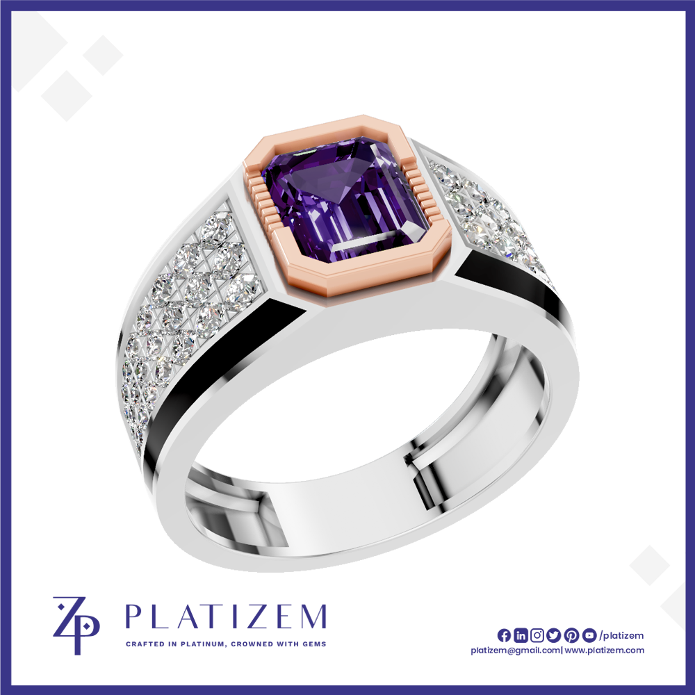 A platinum ring featuring a central emerald-cut purple amethyst gemstone, a rose gold octagonal bezel, and pavé-set clear stones along the shoulders, shown on a white background with the Platiszem brand logo at the bottom.