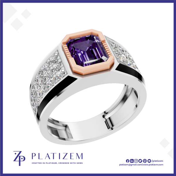 A platinum ring featuring a central emerald-cut purple amethyst gemstone, a rose gold octagonal bezel, and pavé-set clear stones along the shoulders, shown on a white background with the Platiszem brand logo at the bottom.