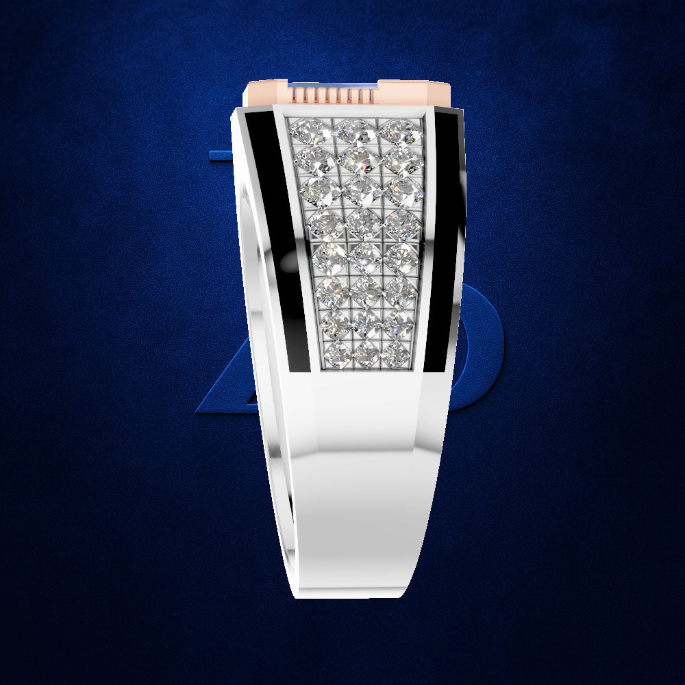 A modern men's watch with a wide white ceramic or resin band, a silver-toned case, and a rectangular bezel set with clear pavé diamonds. The center of the dial is covered by a large, matching diamond-encrusted panel.