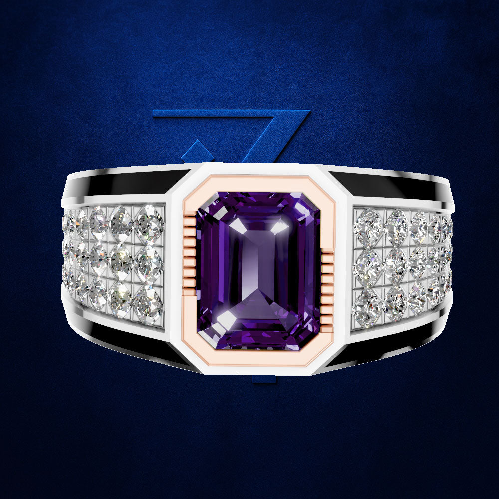 A men's statement ring featuring a large emerald-cut purple amethyst center stone, flanked by rows of clear pavé diamonds on a silver-toned band with black accents and a rose gold inner plating, set against a dark blue textured background.