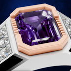 An octagonal ring featuring a large emerald-cut purple amethyst center stone in a rose gold setting, flanked by clear accent stones on a white band, set against a dark blue background.