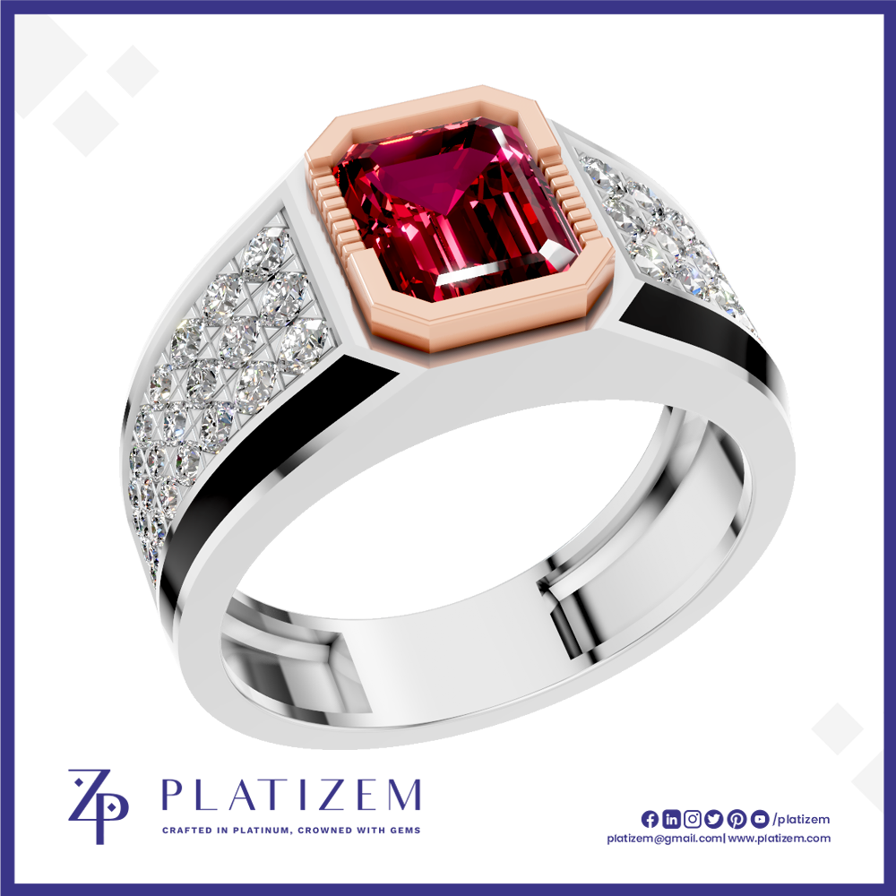 A platinum ring with a large emerald-cut pink gemstone in a rose gold bezel, flanked by pavé-set clear stones on a white band, shown on a white background with the Platiszem brand logo.