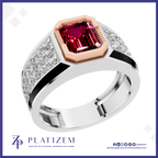 A platinum ring with a large emerald-cut pink gemstone in a rose gold bezel, flanked by pavé-set clear stones on a white band, shown on a white background with the Platiszem brand logo.