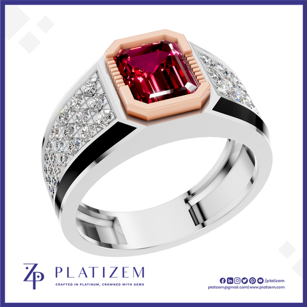 A platinum ring with a large emerald-cut pink gemstone in a rose gold bezel, flanked by pavé-set clear stones on a white band, shown on a white background with the Platiszem brand logo.