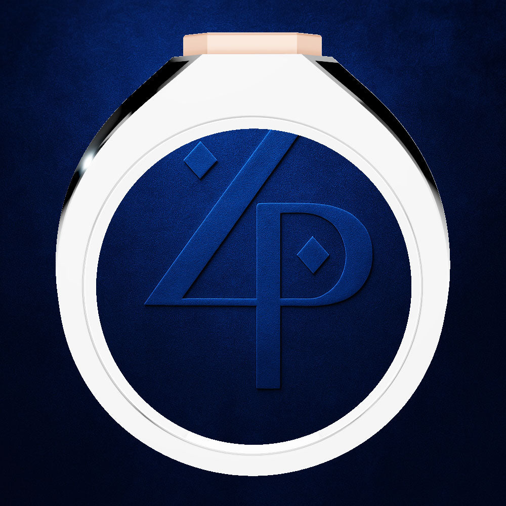 A round watch face or watch component with a white bezel, dark blue textured center, and a stylized blue '4P' monogram logo, shown on a dark blue background.