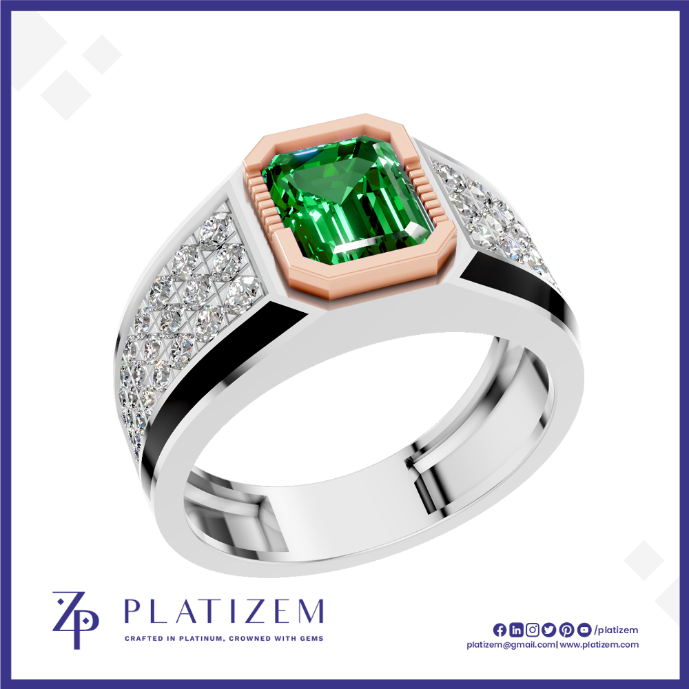 A platinum ring featuring a large emerald-cut green gemstone in a rose gold bezel, with diamond-set shoulders on a white background with the Platinzem brand logo.