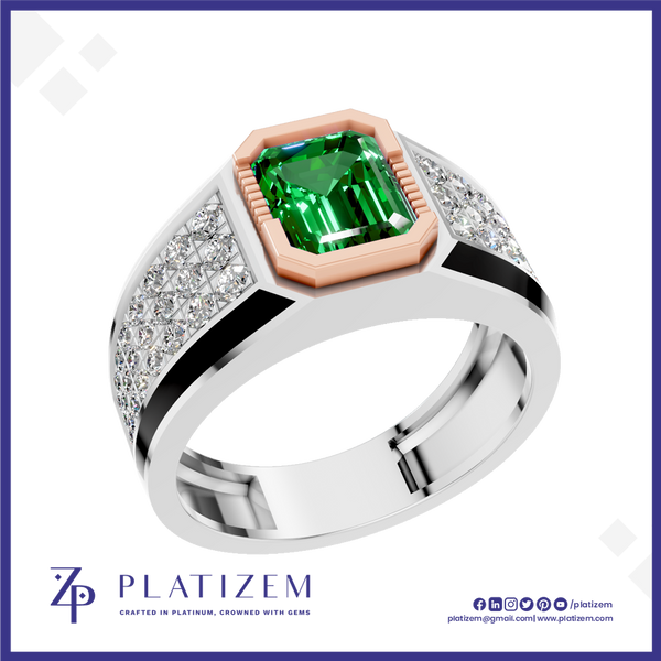A platinum ring featuring a large emerald-cut green gemstone in a rose gold bezel, with diamond-set shoulders on a white background with the Platinzem brand logo.