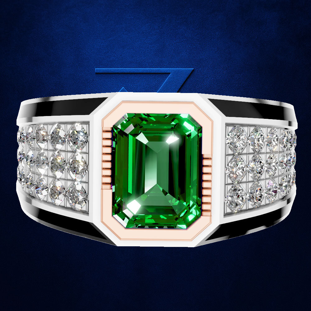 A men's statement ring featuring a large emerald-cut green center stone, flanked by rows of clear pavé and round stones on a wide silver-toned band with black accents, set against a dark blue textured background.