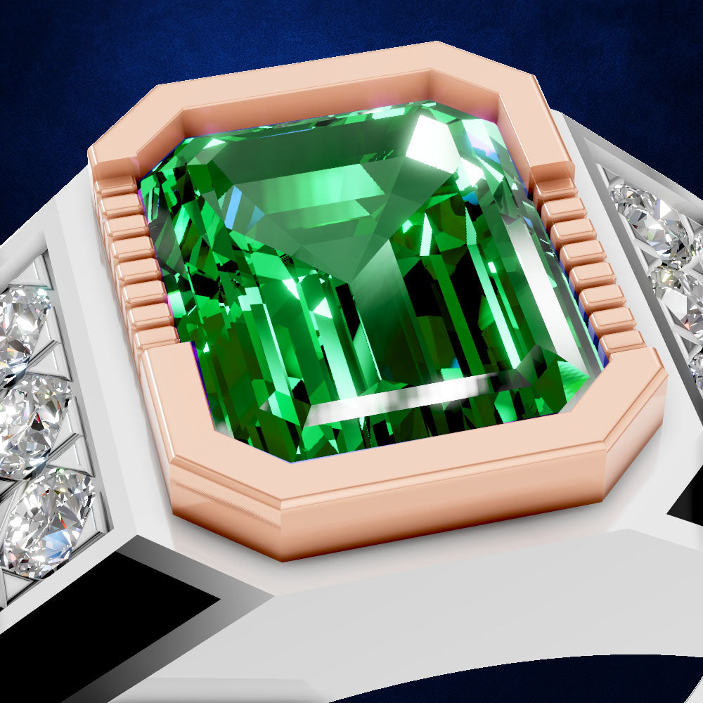 A close-up of a ring featuring a large emerald-cut green gemstone in a rose gold bezel setting, with small clear stones along the shoulders, shown against a dark blue background.