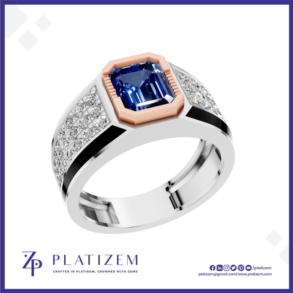 A men's statement ring by Platinzem, featuring a large emerald-cut blue sapphire center stone, a rose gold octagonal crown, and a silver-toned band paved with small clear stones.