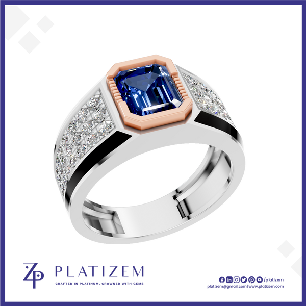 A men's statement ring by Platinzem, featuring a large emerald-cut blue sapphire center stone, a rose gold octagonal crown, and a silver-toned band paved with small clear stones.