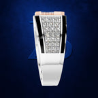 A modern men's watch with a wide white ceramic or resin band, a silver-toned case, and a rectangular bezel set with clear pavé diamonds. The center of the dial is covered by a large, matching diamond-encrusted panel.