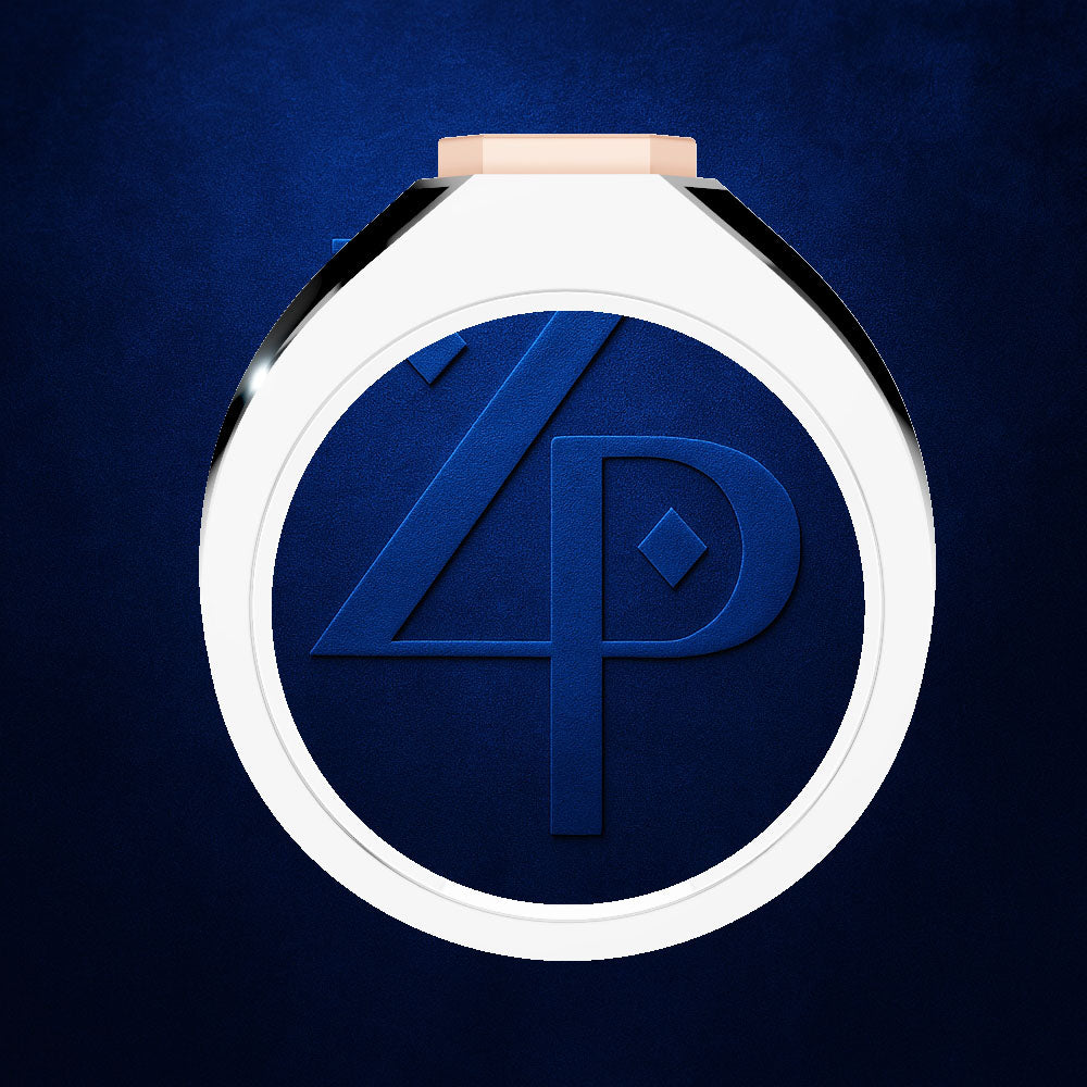 A round watch or pendant-style accessory with a white outer ring, dark blue center, and a small pale pink top accent, shown on a textured dark blue background. The center features an embossed stylized '4P' monogram.