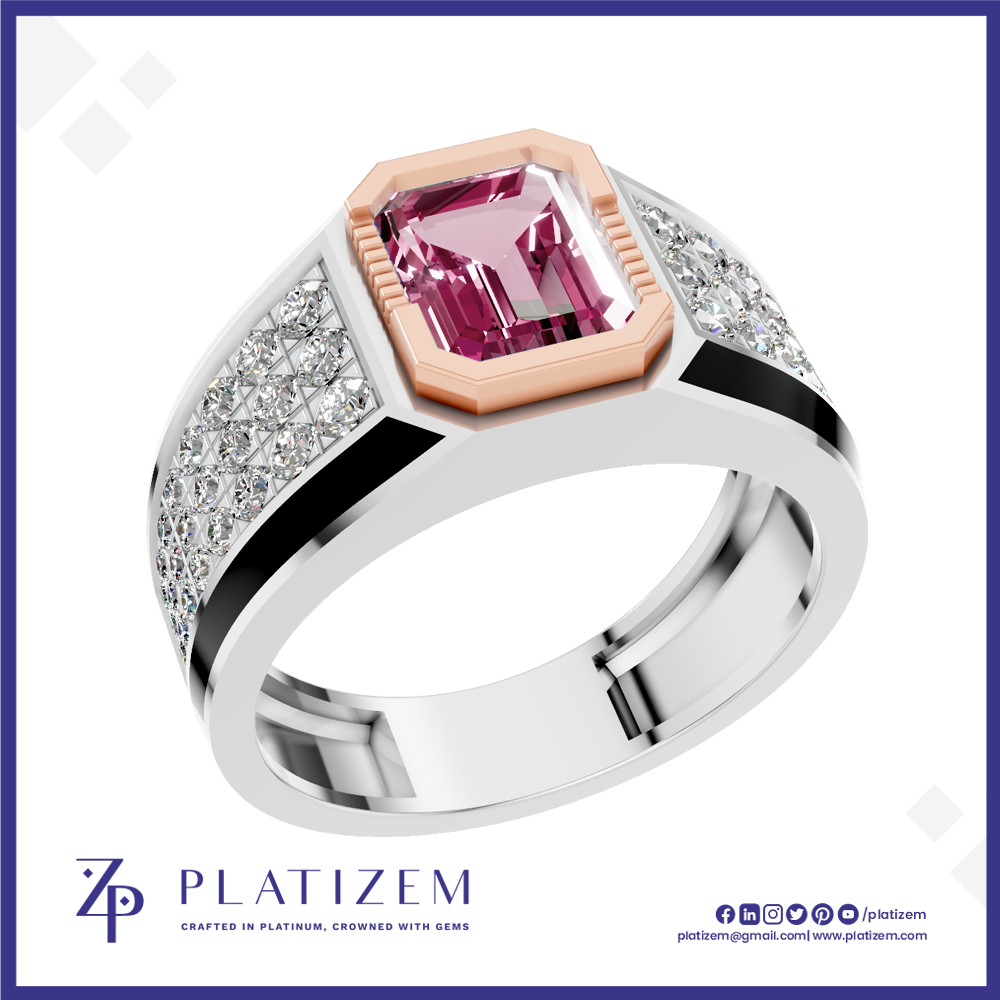 A platinum ring featuring a large emerald-cut pink gemstone in a rose gold bezel, set on a silver-toned band with pavé-set clear stones. The brand logo 'PLATIZEM' is visible at the bottom.